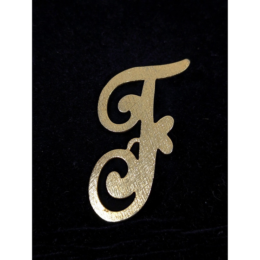 Vintage Large Gold Tone Letter F Monogram Initial Brooch Pin Textured